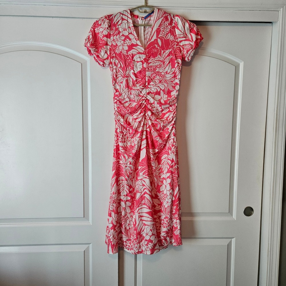 J.McLaughlin Midi Dress 8 Pink Tropical Floral Ruched Silk Blend Vacation Resort